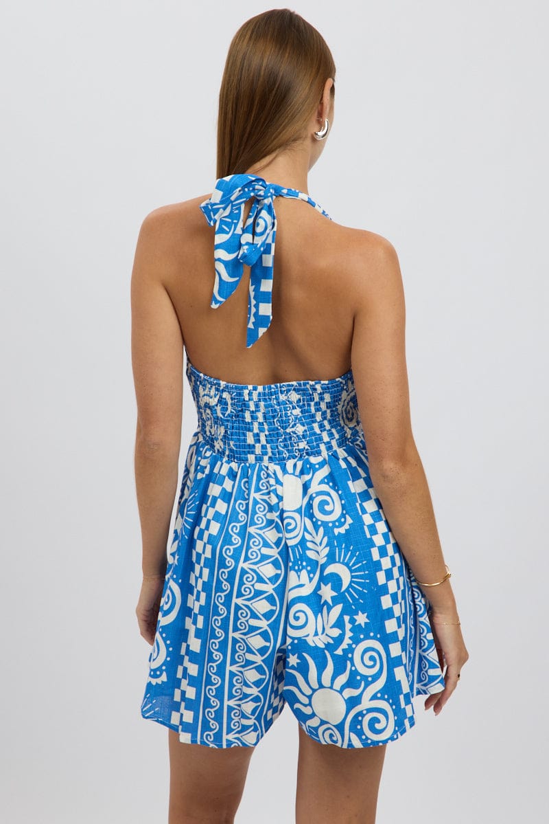 Blue Abstract Playsuit Halter Neck
