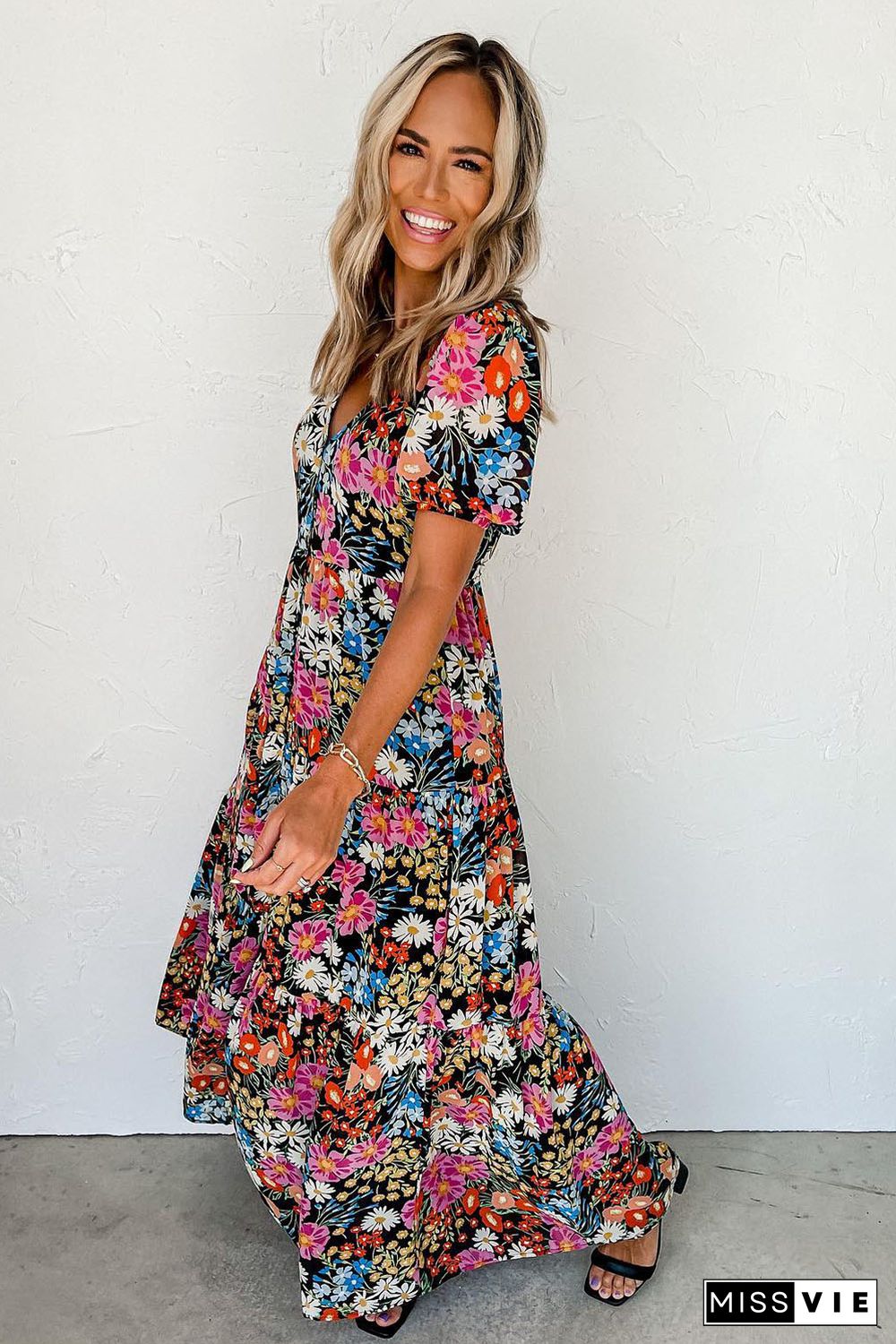 Black Short Sleeve Boho Floral Pattern Tiered Maxi Dress