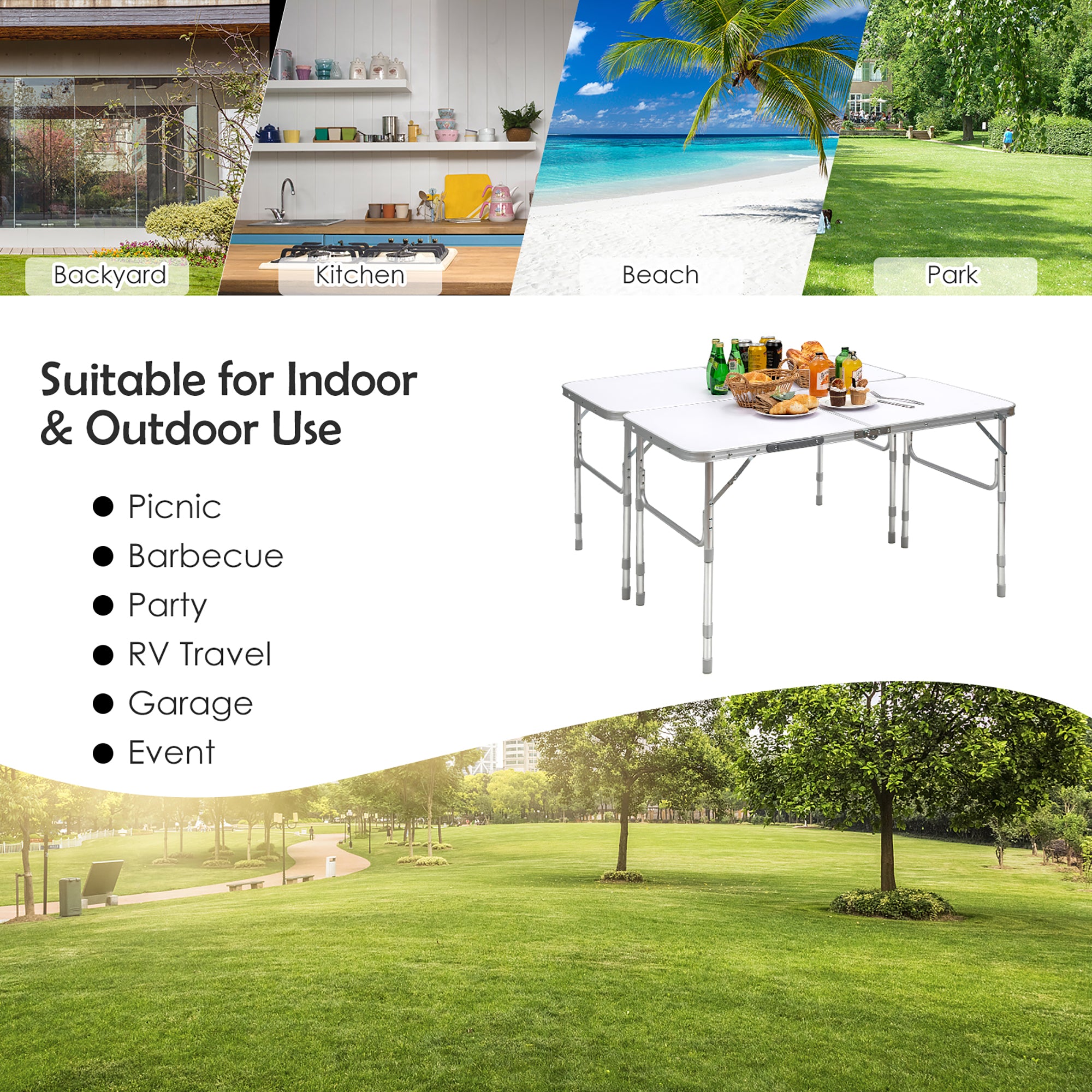 Costway 2PCS Folding Tables 8FT Height Adjustable Aluminum Picnic Table w/ Carrying Handle