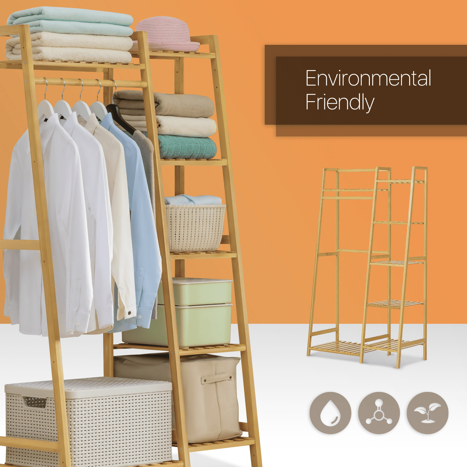 MoNiBloom Bamboo 5 Tiers Stable Trapezoid Coat Rack， Clothes Storage Shelf， Natural， for Bedroom