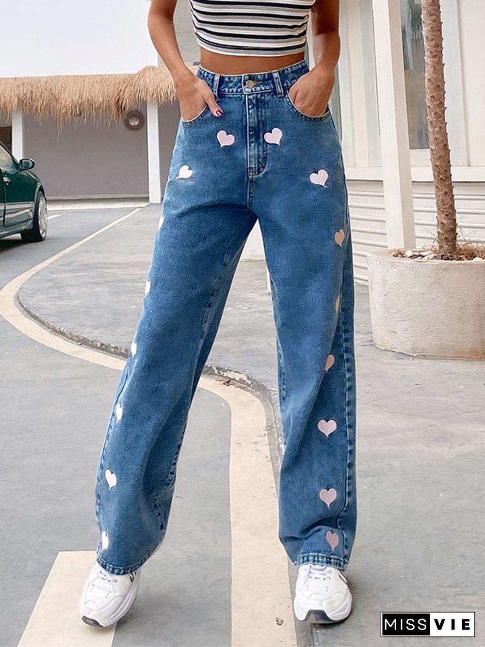 Heart Pattern Denim Jeans