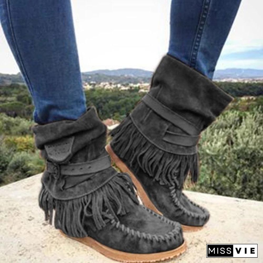 Women's Fringe Round Toe Retro Boots