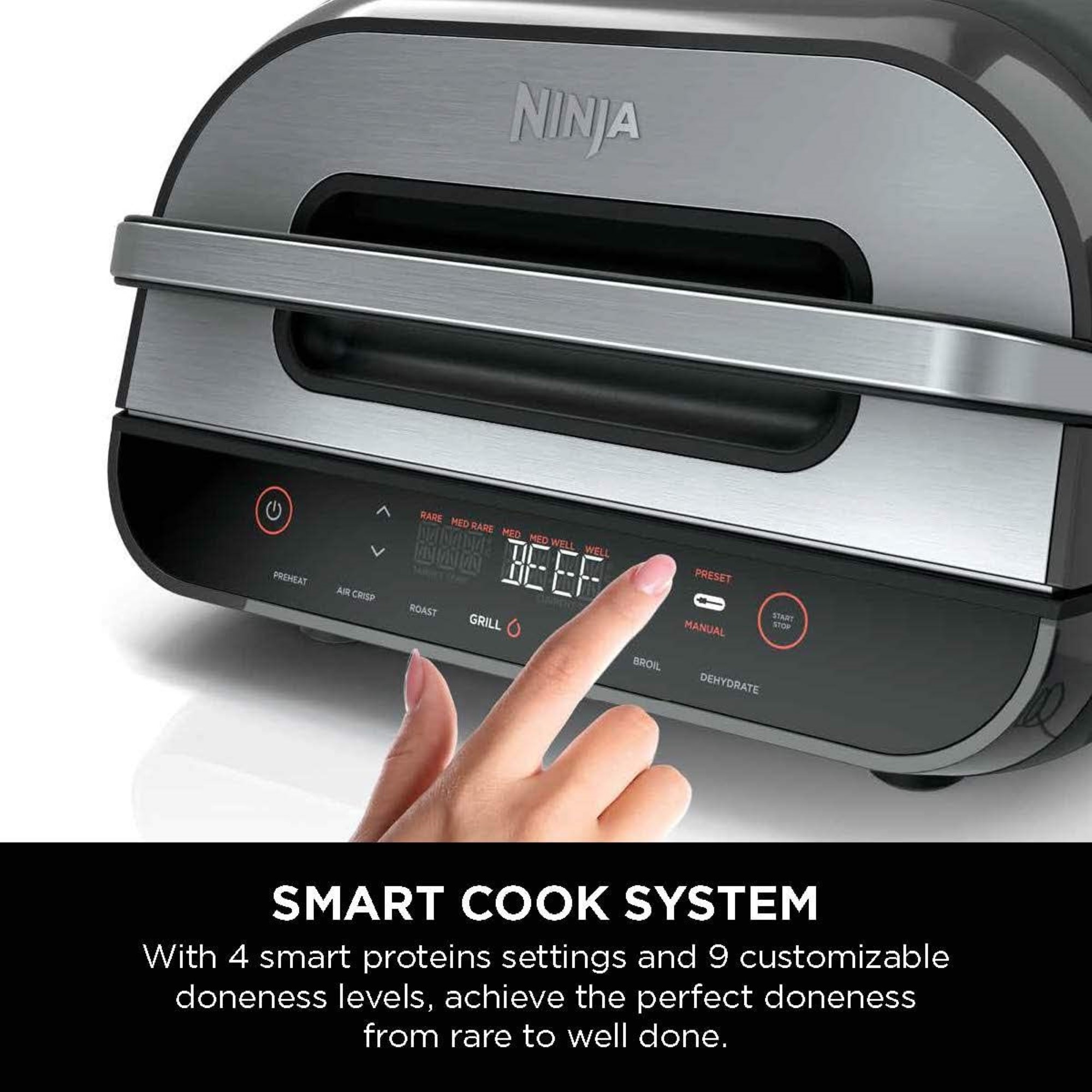 Ninja FG551 Foodi Smart XL 6-in-1 Indoor Grill with 4-Quart Air Fryer Roast Bake Dehydrate Broil and Leave-in Thermometer， with Extra Large Capacity， and a stainless steel Finish