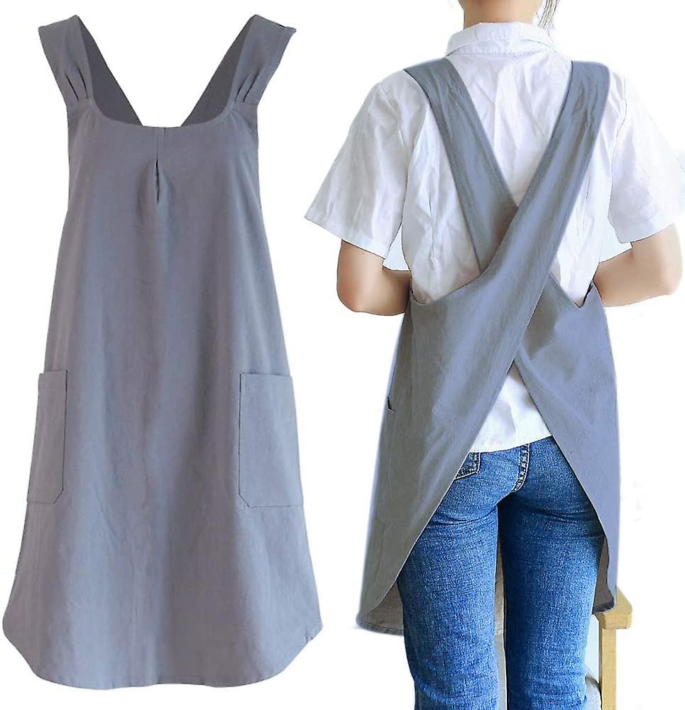 Japanese Linen Cross Back Kitchen Cooking Aprons For Women With Pockets Cute For Baking Painting Gardening Cleaning Gray