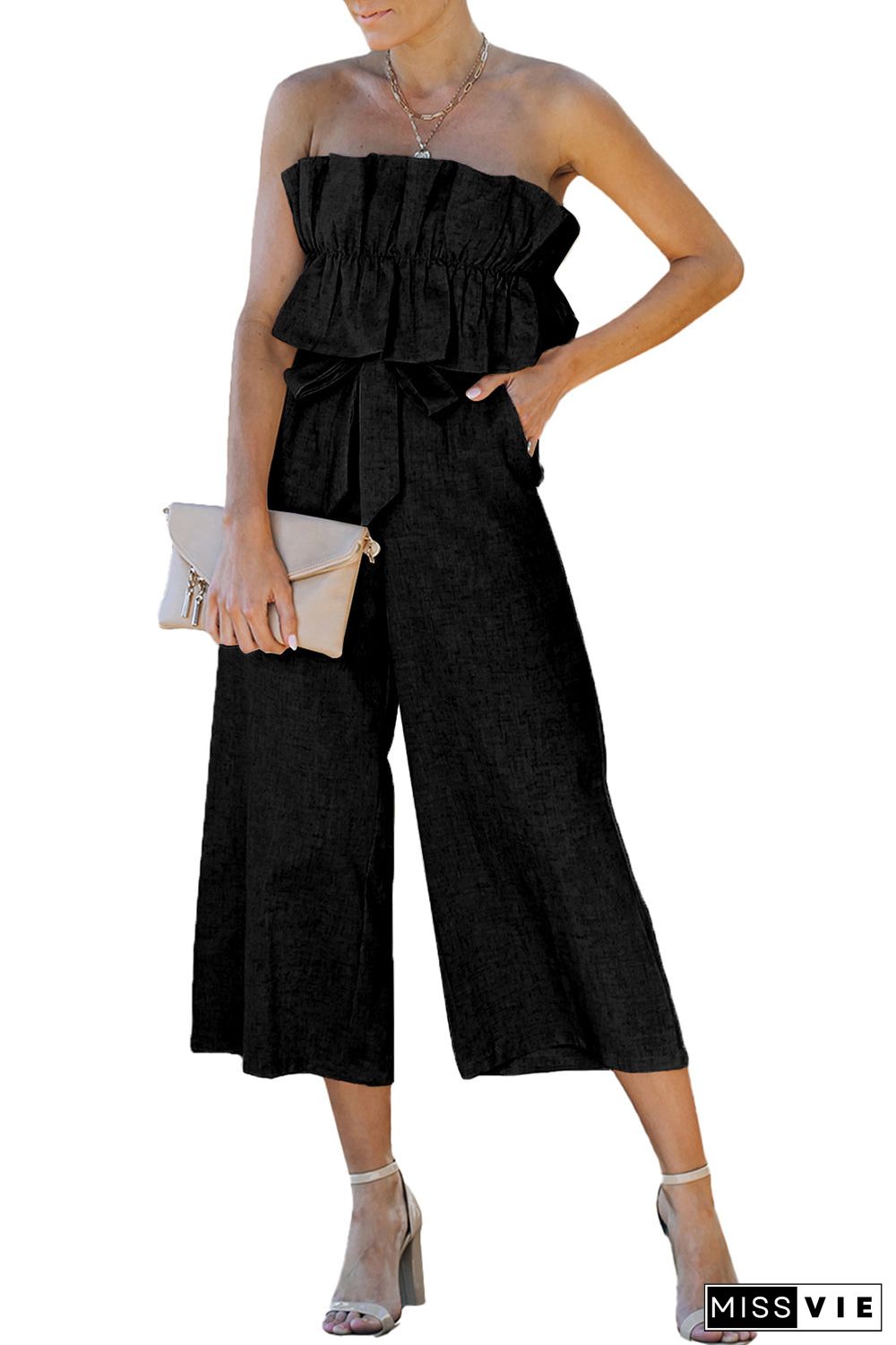 Ruffled Strapless Wide Leg Jumpsuit