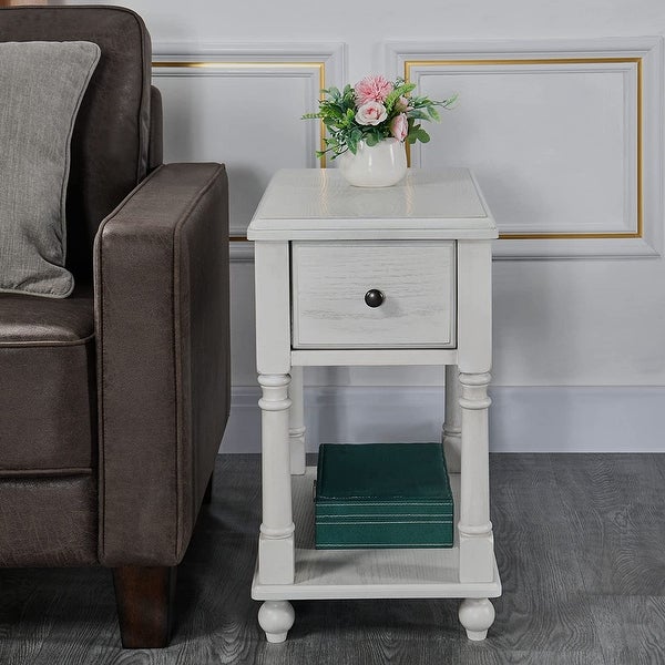 End Table with Drawer， Solid Wood 2 Tier End Side Table