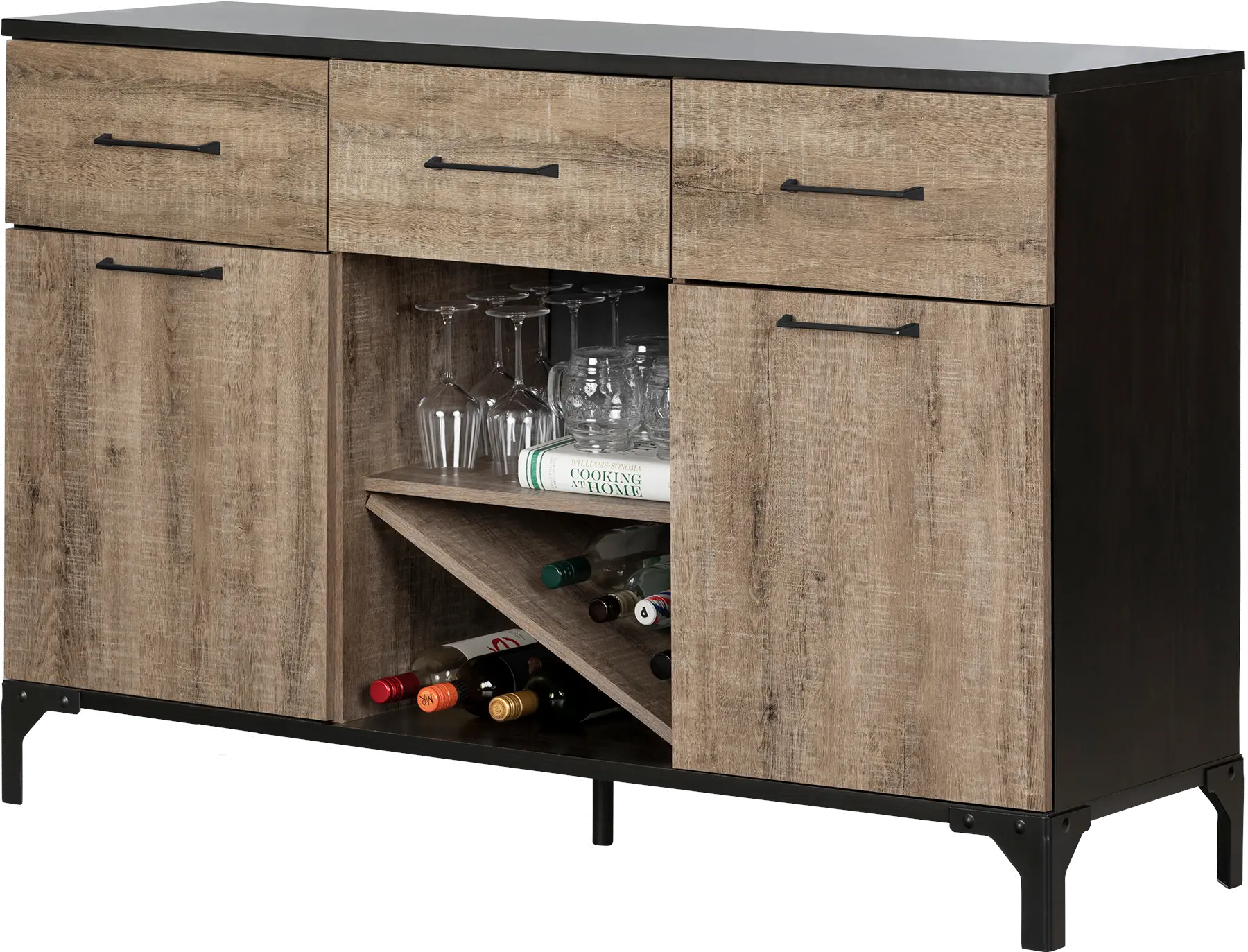 Weathered Oak and Ebony Bar Cabinet - South Shore