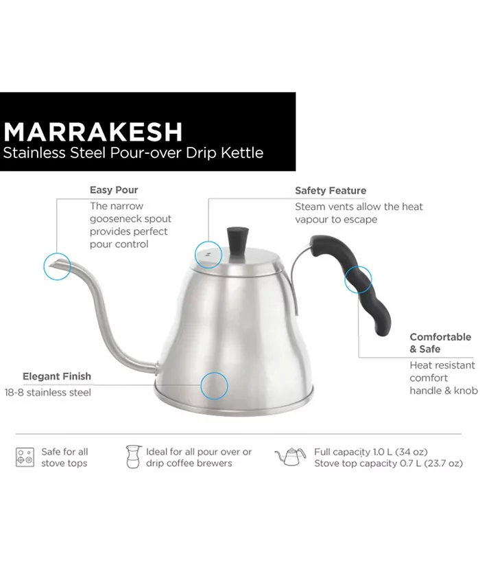 GROSCHE Marrakesh Stainless Steel Gooseneck Pour Over Dripper Kettle  34 fl oz Capacity