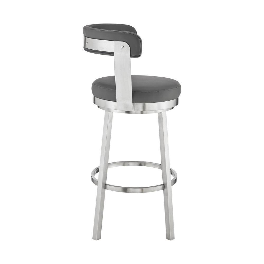 Armen Living Kobe 30 in. Bar Height Low Back Swivel Bar Stool in Brushed Stainless Steel and Grey Faux Leather 721535761814