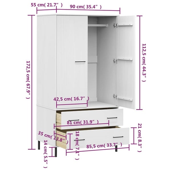 vidaXL Solid Wood Pine Wardrobe with Metal Legs OSLO Armoire Multi Colors - 35.4