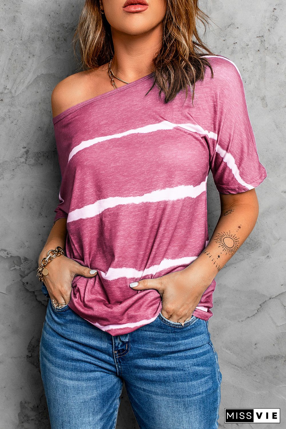 Fuchsia Tie-dye Print Loose T-shirt