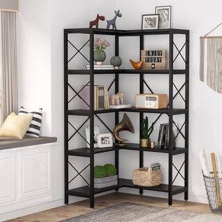 BYBLIGHT Eulas 66 in. Black Wood 5 Shelf Corner Bookshelf Large Modern Corner Bookcase 5-Tier Tall Corner Shelf Storage BB-JW0236XF