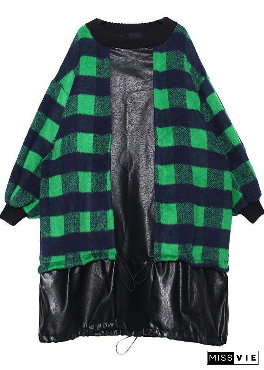 French green plaid cotton clothes drawstring Plus Size patchwork Dress