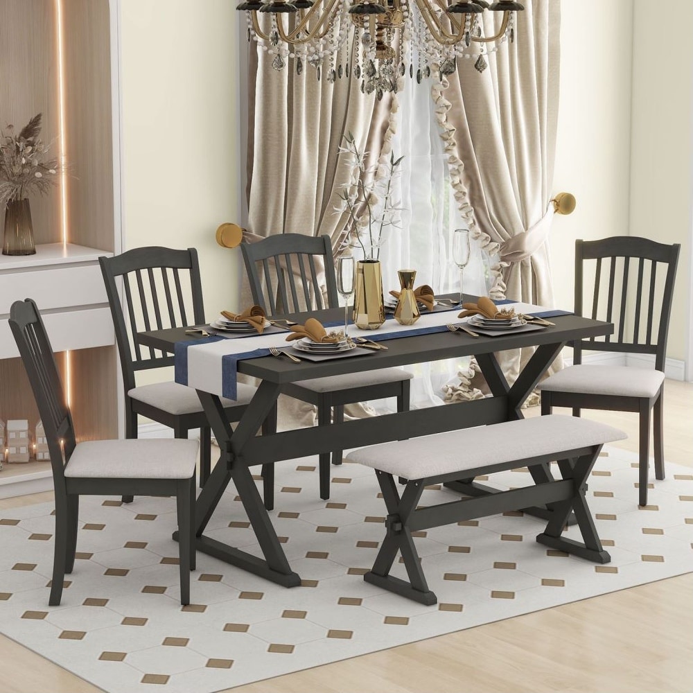 6 Piece Rustic Dining Set Trestle Table and 4 Upholstered Chairs   1 Bench