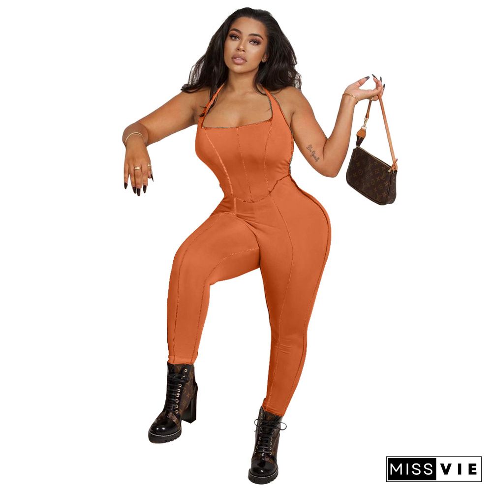 Summer New Casual Women's Stitching Design Halter Backless Sports Fitness Bodycon Jumpsuits