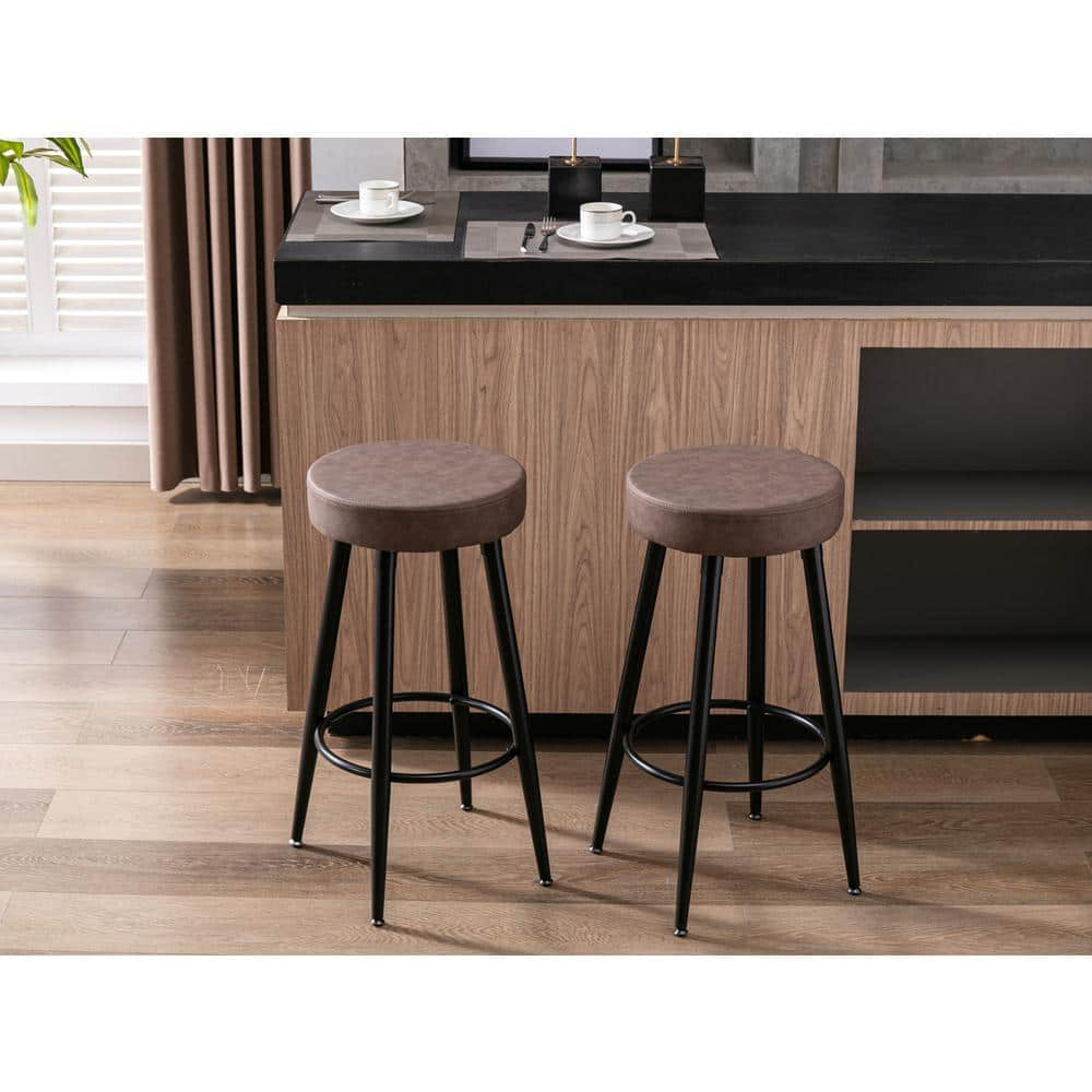 URTR 28 in. Simple Industrial Brown Metal Frame Bar Stools, Round Dining Stools, Bar Chair with Faux Leather Seat  (Set of 2) HY01918Y