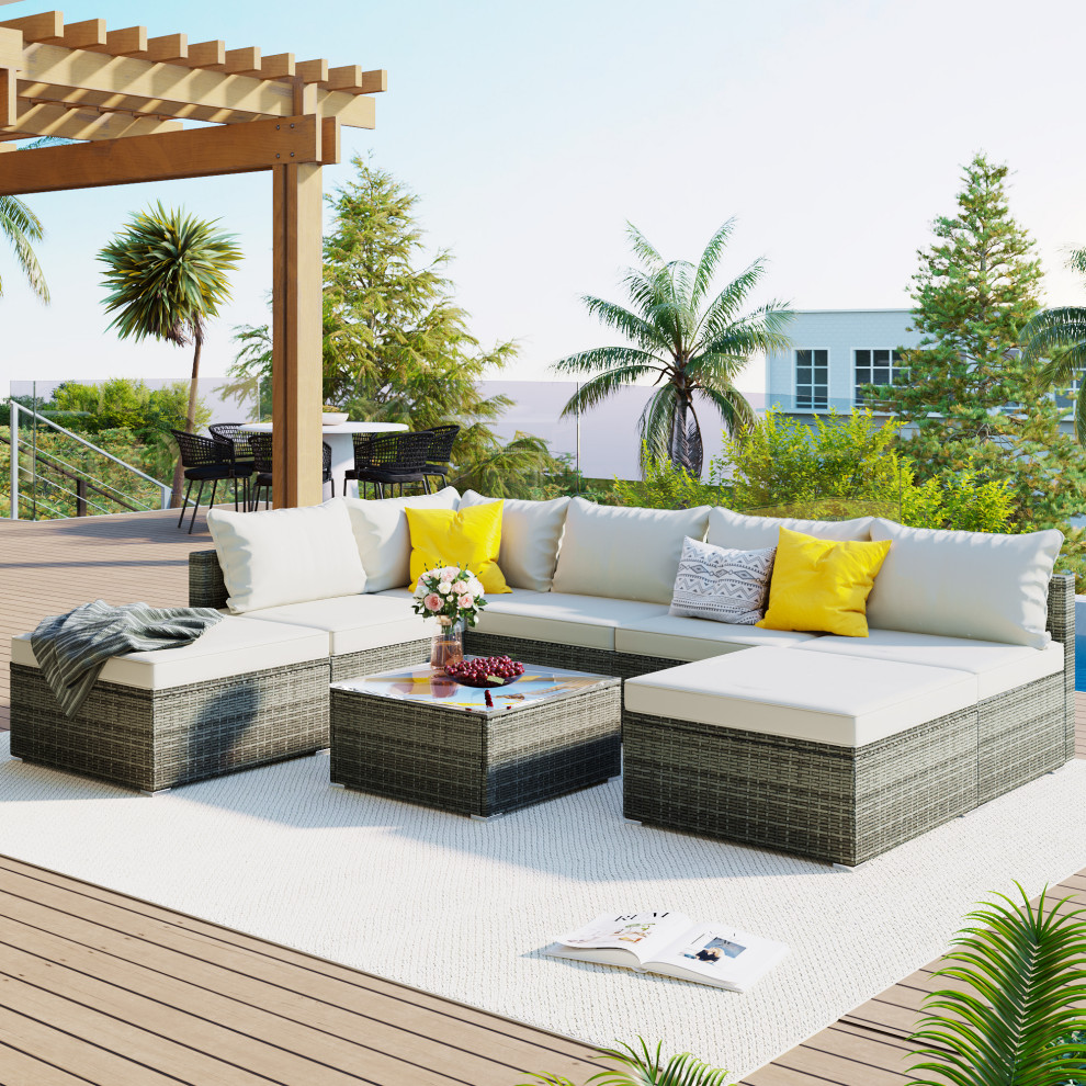 8 Pieces Outdoor Conversation Wicker Sofa Set   Tropical   Outdoor Lounge Sets   by Abrihome  Houzz