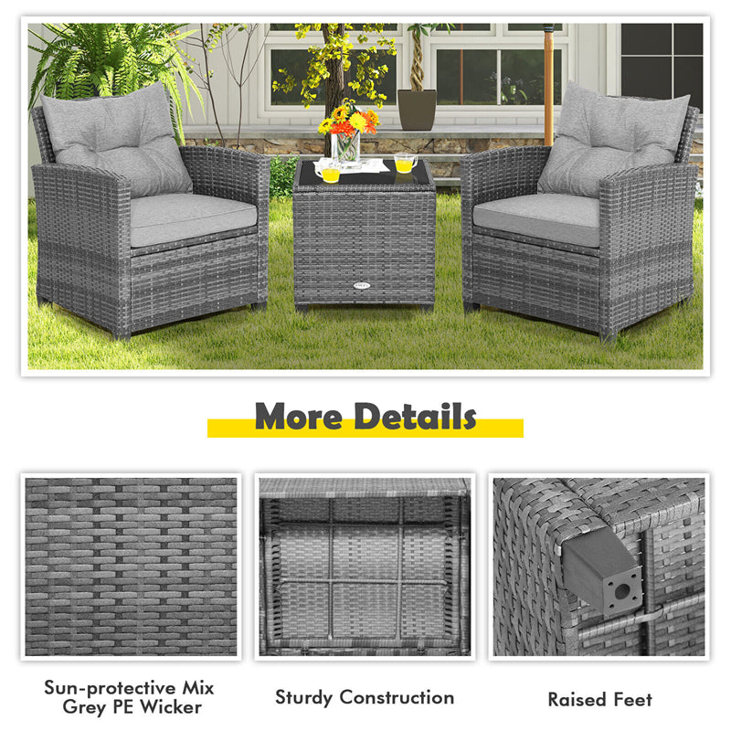 3 Pieces Patio Rattan Furniture Set Outdoor Wicker Conversation Set with Washable Cushion and Coffee Table