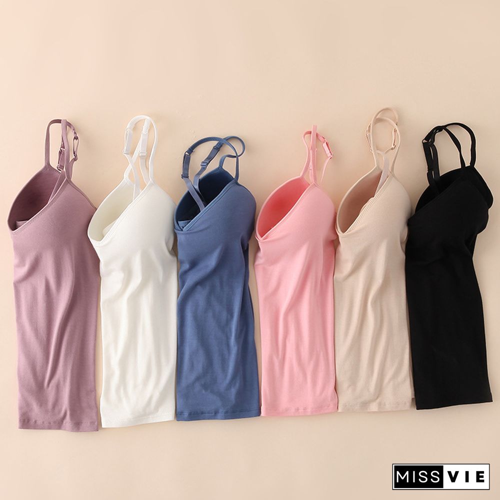 Women Padded Bra Spaghetti Strap V Neck Vest Cami Tank Tops Shirt Blouse