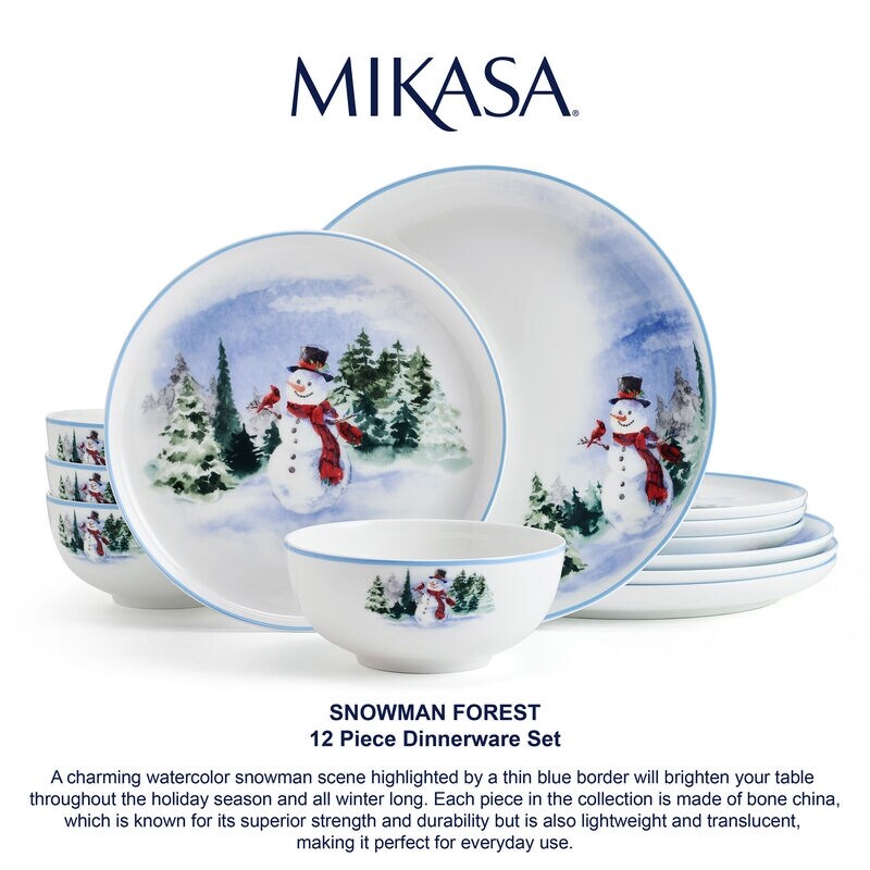 Mikasa Snowman Forest 12PC Dinnerware Set  Service for 4