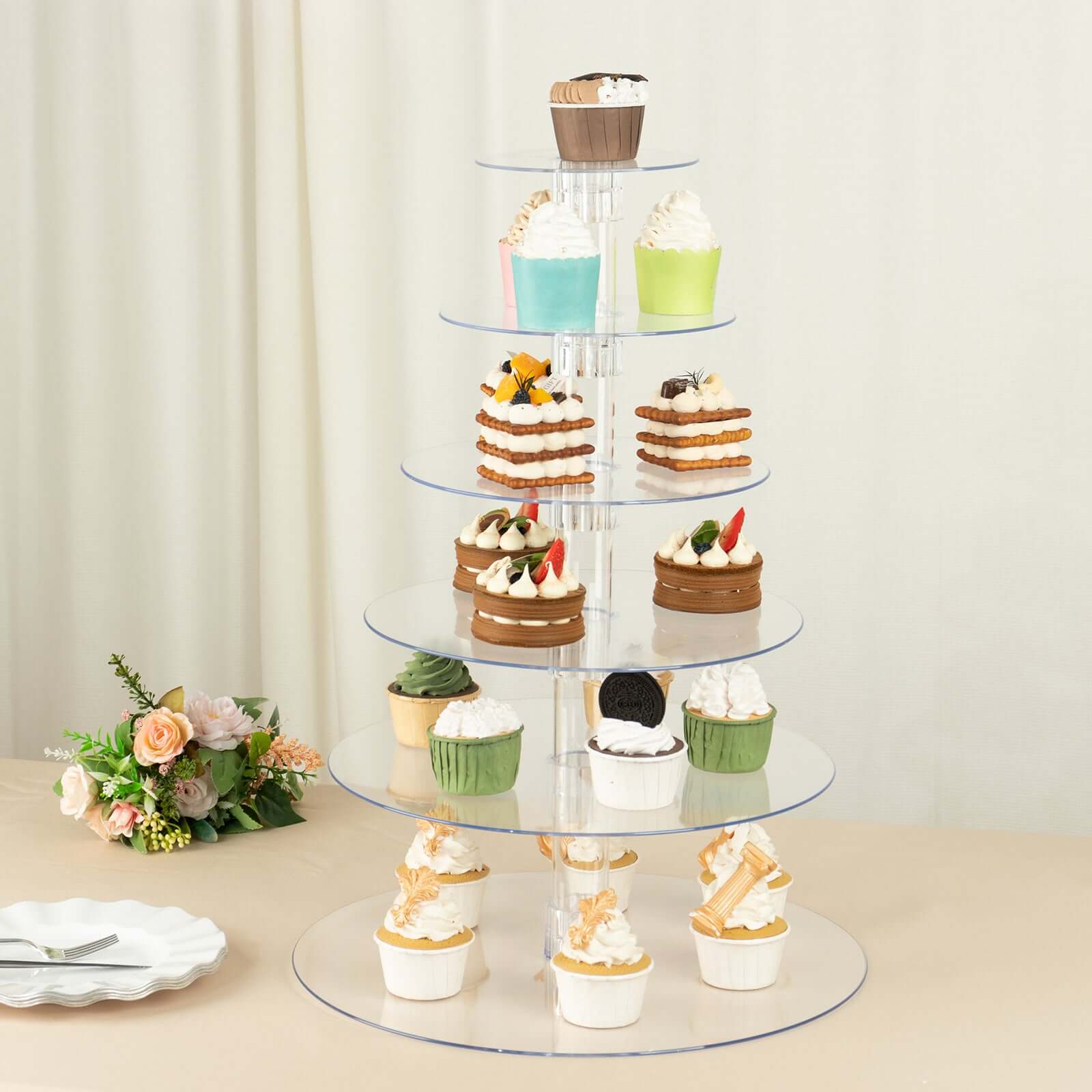 6-Tier Clear Heavy Duty Round Acrylic Cake Stand, Cupcake Tower Dessert Holder Display Stand with Film Sheets - 22