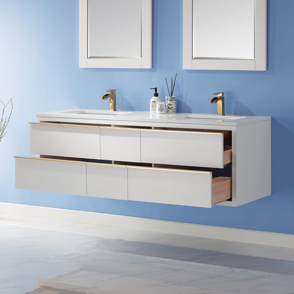 Altair Morgan Double Bathroom Vanity Set in White and Aosta White Countertop with Mirror