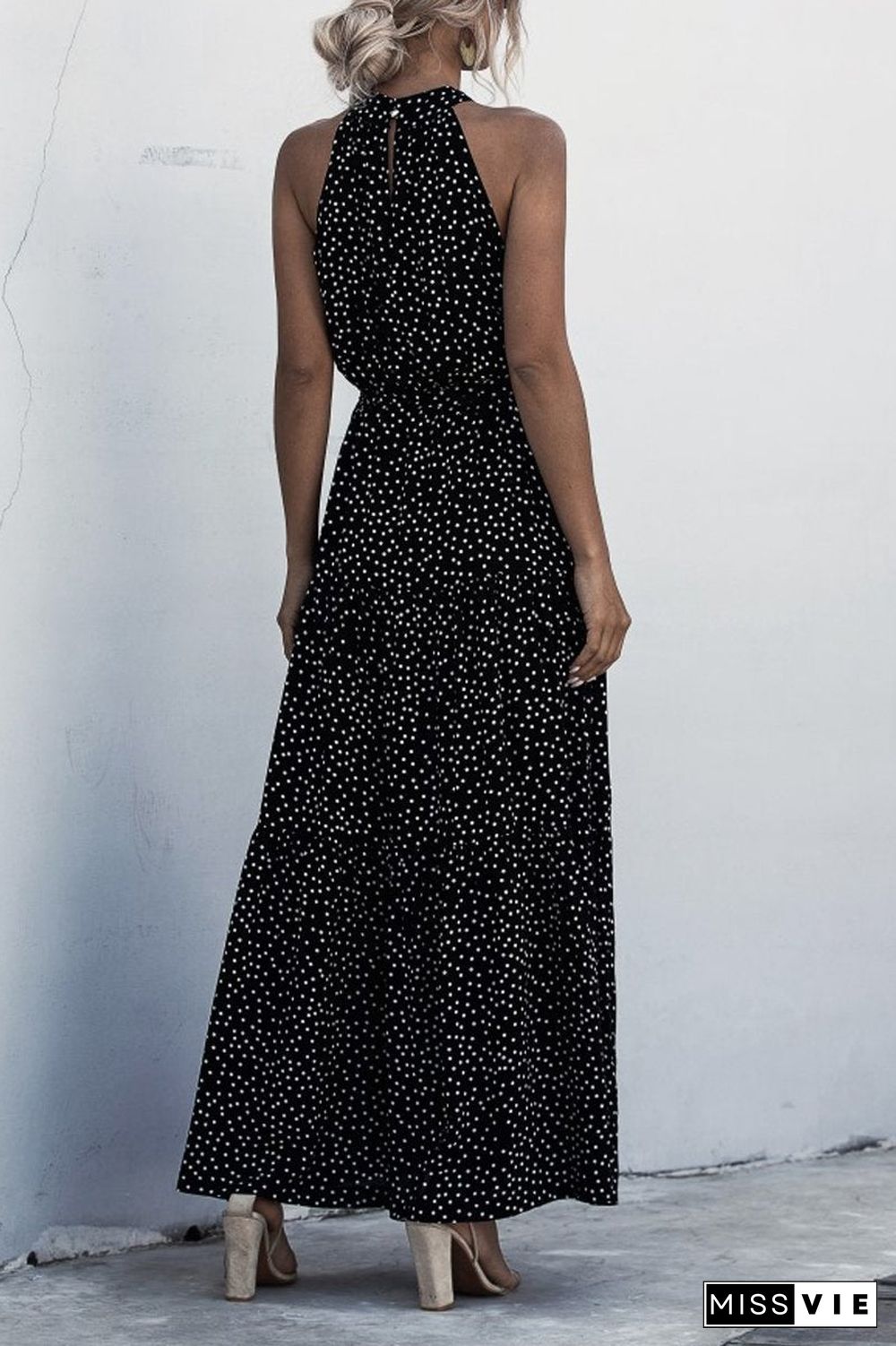 Halter Neck Polka Dot Lace-Up Dress