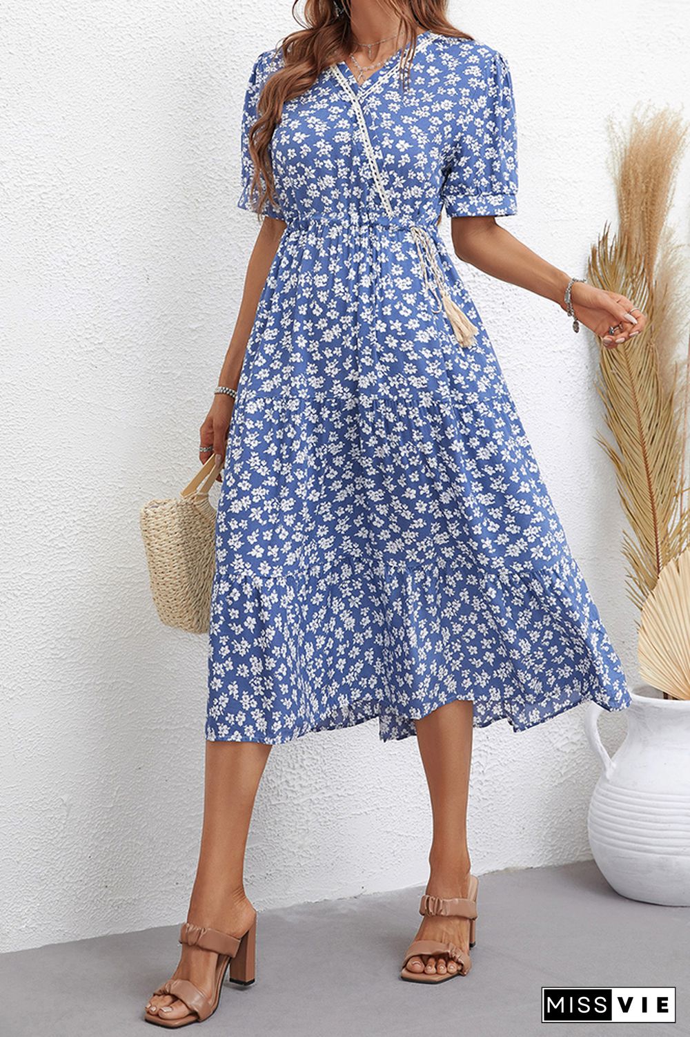 Waist Tie Flower V Neck Midi Dress