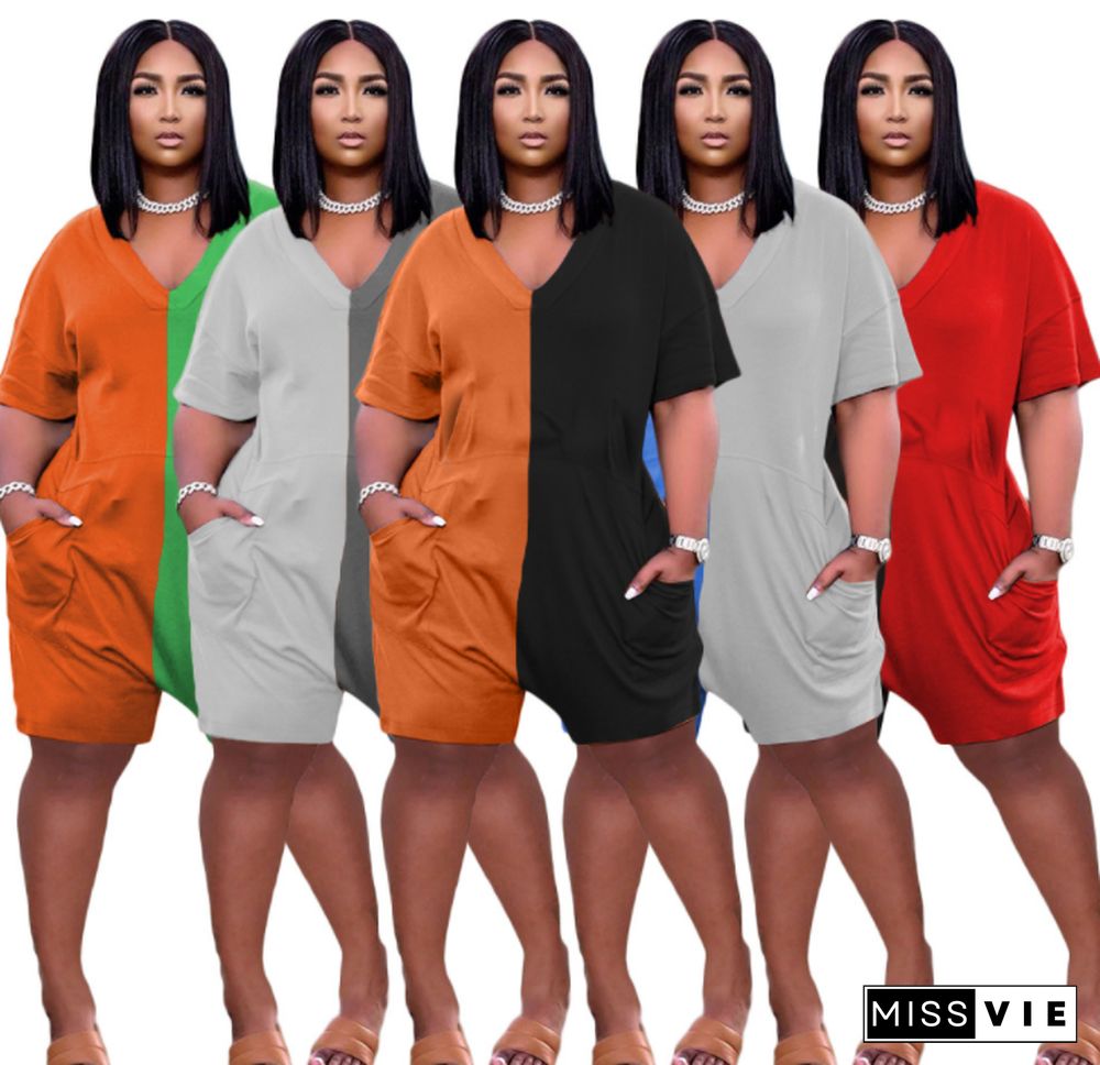 Hot Sales Splice Color Short Sleeve V-neck Loose Romper