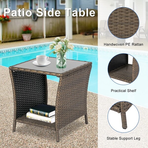 Patio Wicker Table，Outdoor Rattan Side Table，Coffee Table w/ Storage Tempered Glass Top Bistro Table，Brown