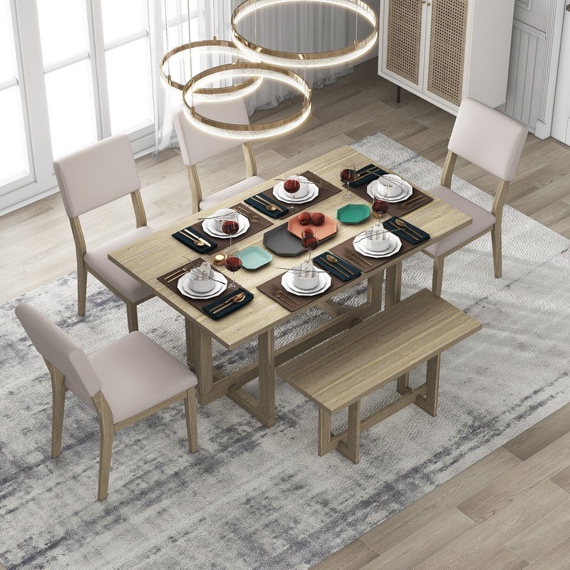 Wooden six-piece dining table H-shaped support design Dining table four chairs upholstered one wooden stool