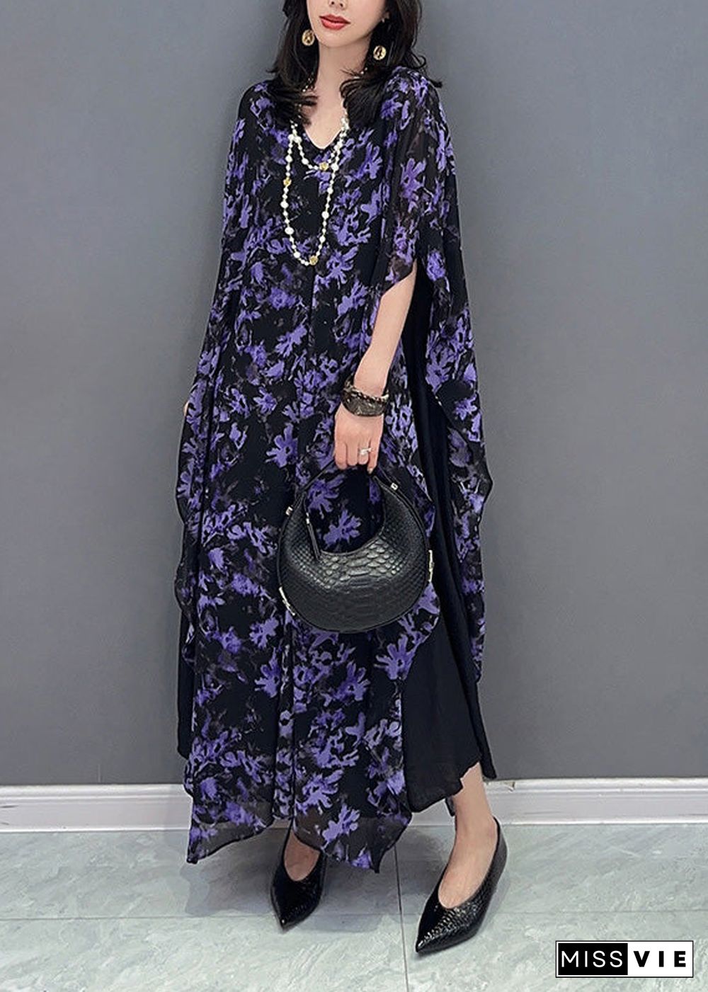 Loose Purple O-Neck Print Maxi Dress Summer