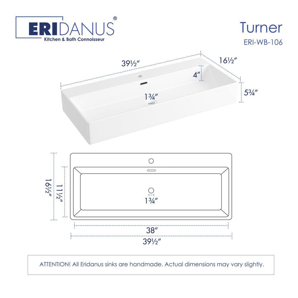 Eridanus Turner Crisp White Vitreous China 40 in. x 16 in. Rectangular Wall-Mount Vessel Sink with Faucet Hole and Overflow ERI-WB-106