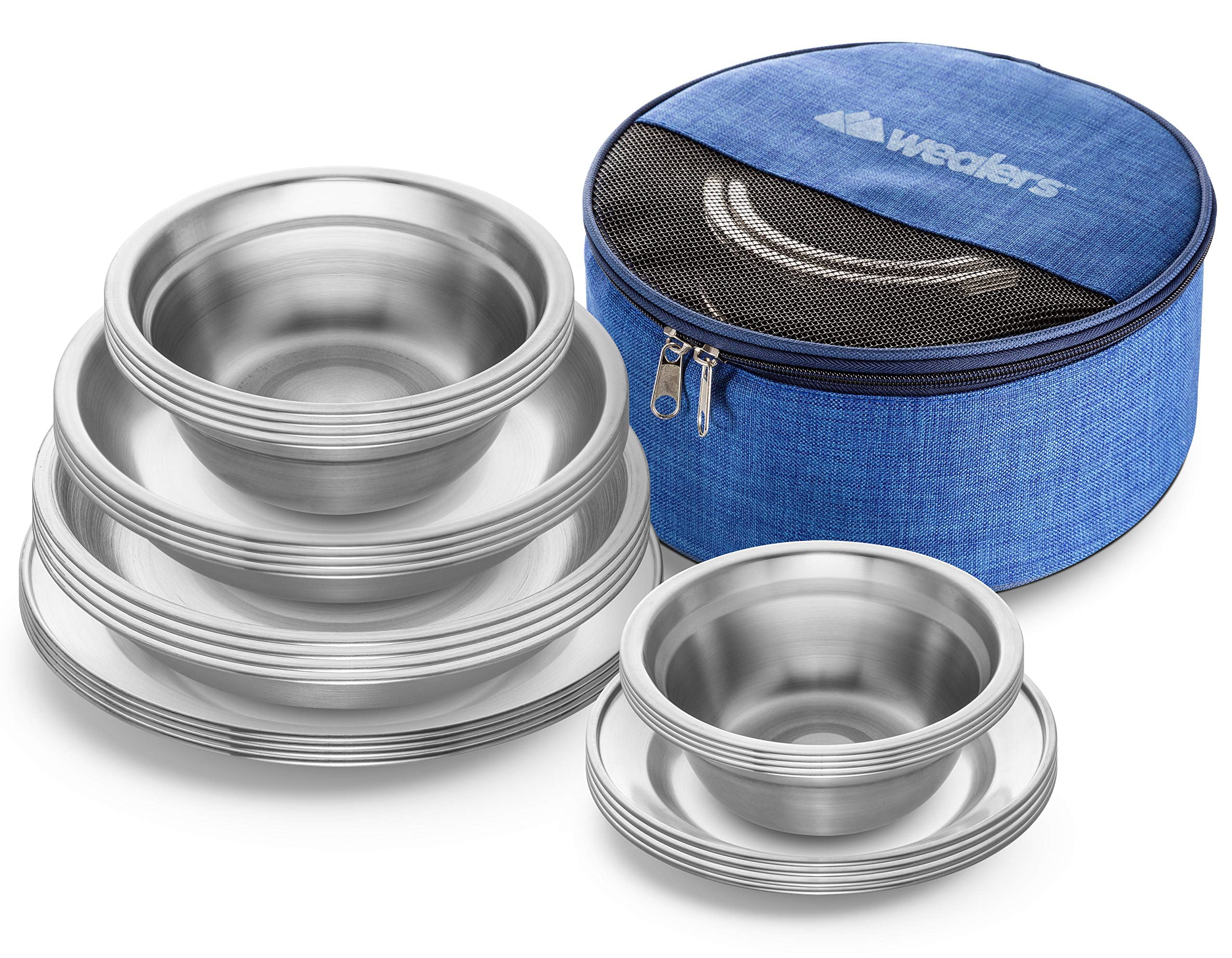 Stainless Steel Plates and Bowls Camping Set Family Dinnerware 24-Pcs Travel Kit