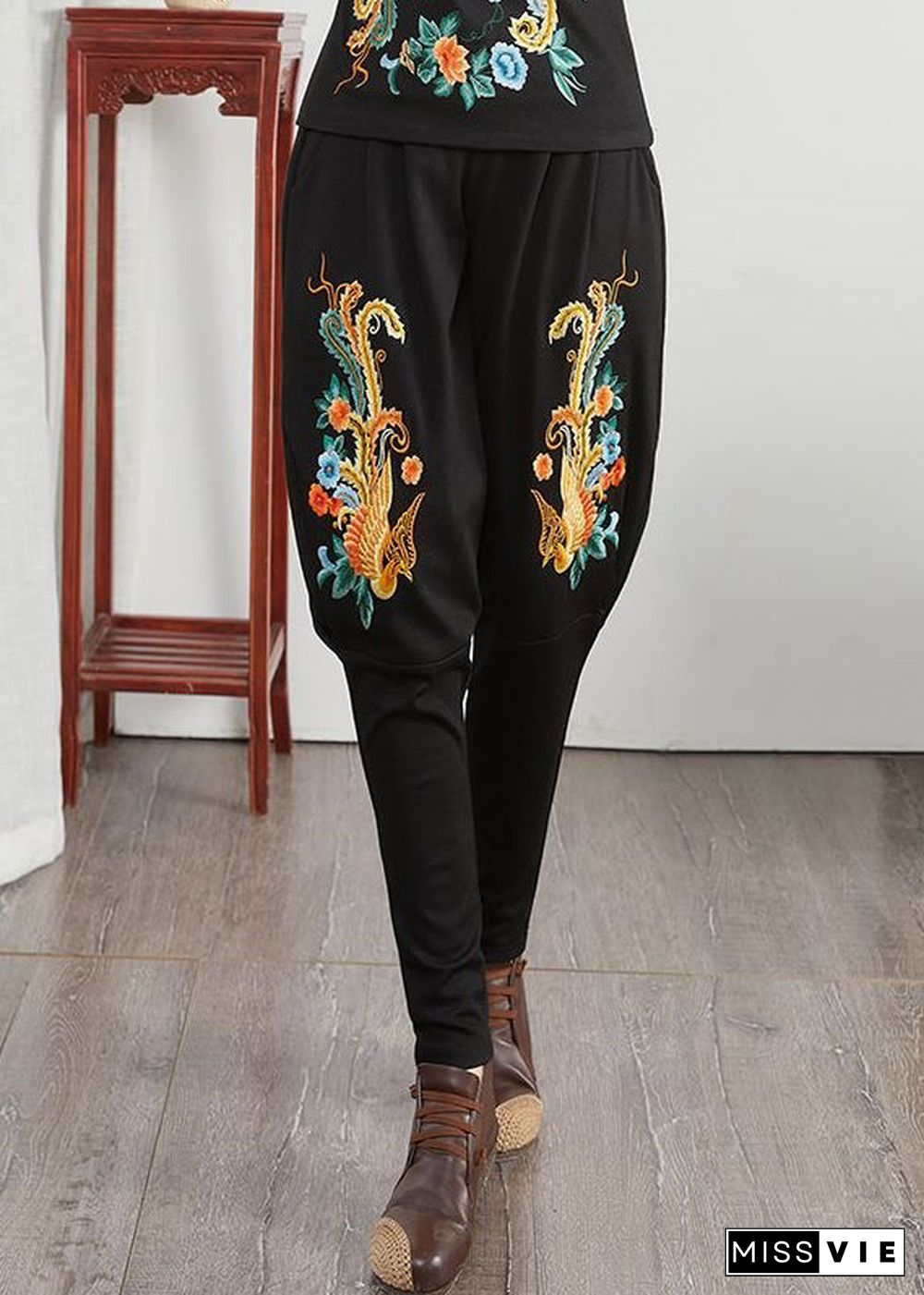 Loose Phoenix Embroideried Pockets Patchwork Cotton Pants Fall