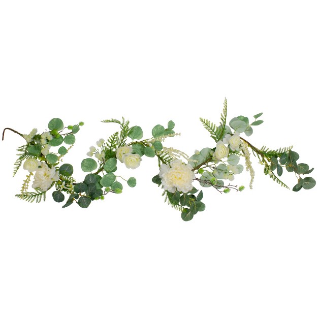 Northlight 5ft White Peony With Spring Foliage Artificial Garland