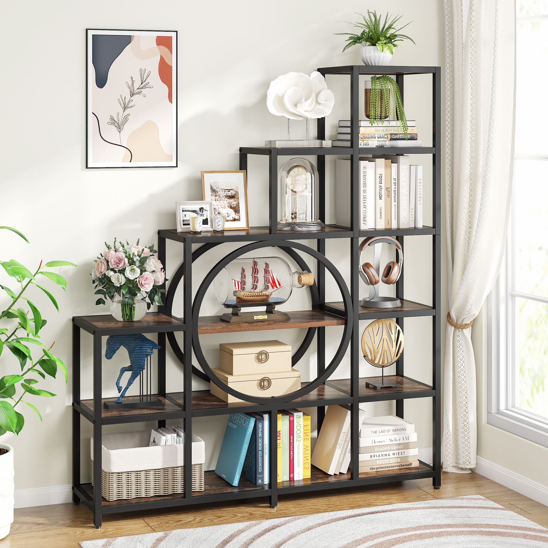 65 Ladder Bookshelf, 6-Tier Bookshelf 12 Cubes Stepped Etagere Bookcase