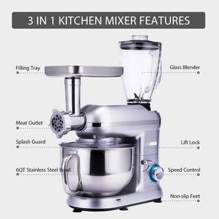 VIVOHOME 6 qt. 6- speed Silver 3 in 1 Multifunctional Stand Mixer with Meat Grinder and Juice Blender ETL Listed X001ZDY1G1