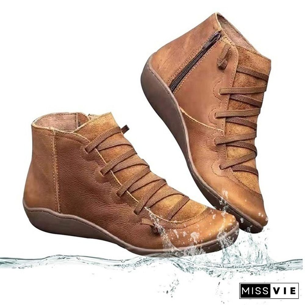 Women's Medieval Arch Support Ankle Boot All Season Casual Bandage Weaving Leather Short Boots Braided Strap Flat Heel Boots Waterproof Slip on Shoes Ladies Winter Round Toe Ankle Boots Sapatos Femininos