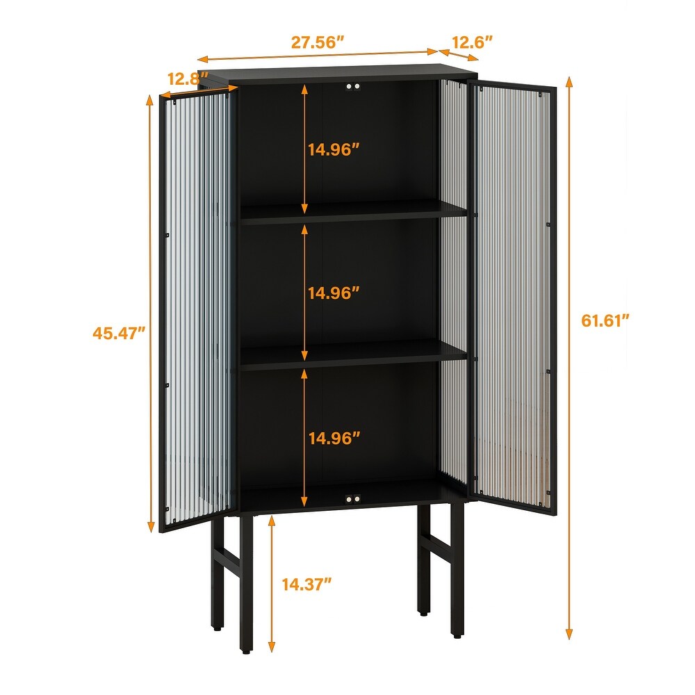 Multi function High Cabinet with 2 Glass Doors and Metal Legs