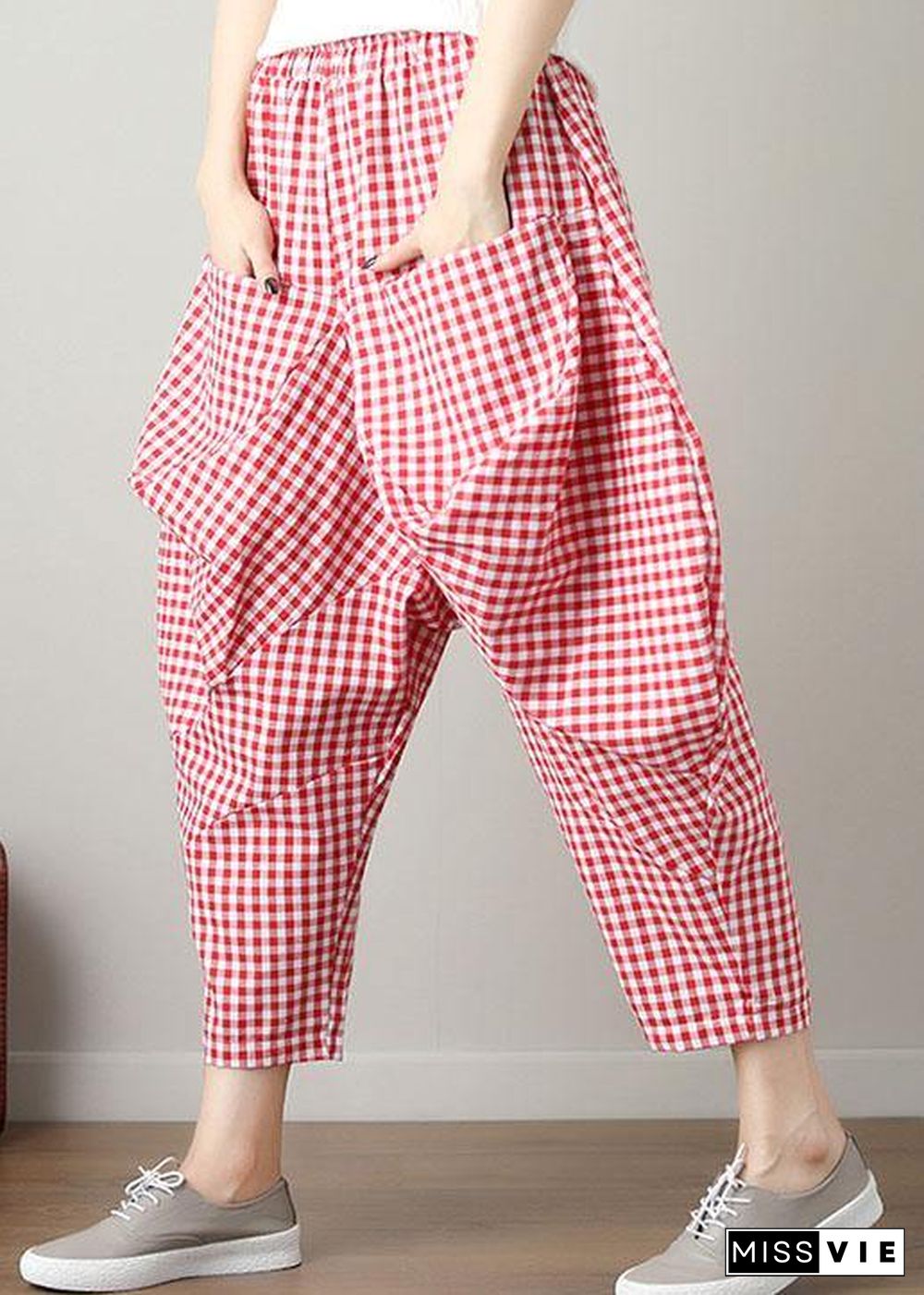 fashion casual red plaid cotton crop pants loose elastic waist pants