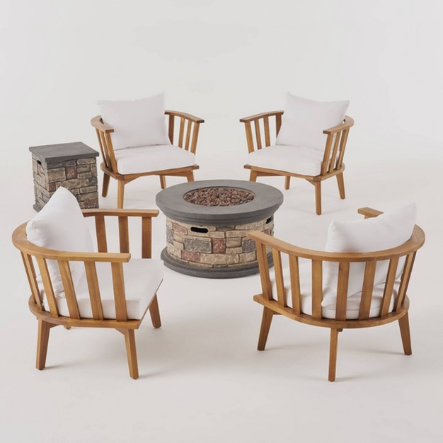 Everglade 6pc Acacia Wood Club Chairs And Fire Pit Set Teak white stone Christopher Knight Home