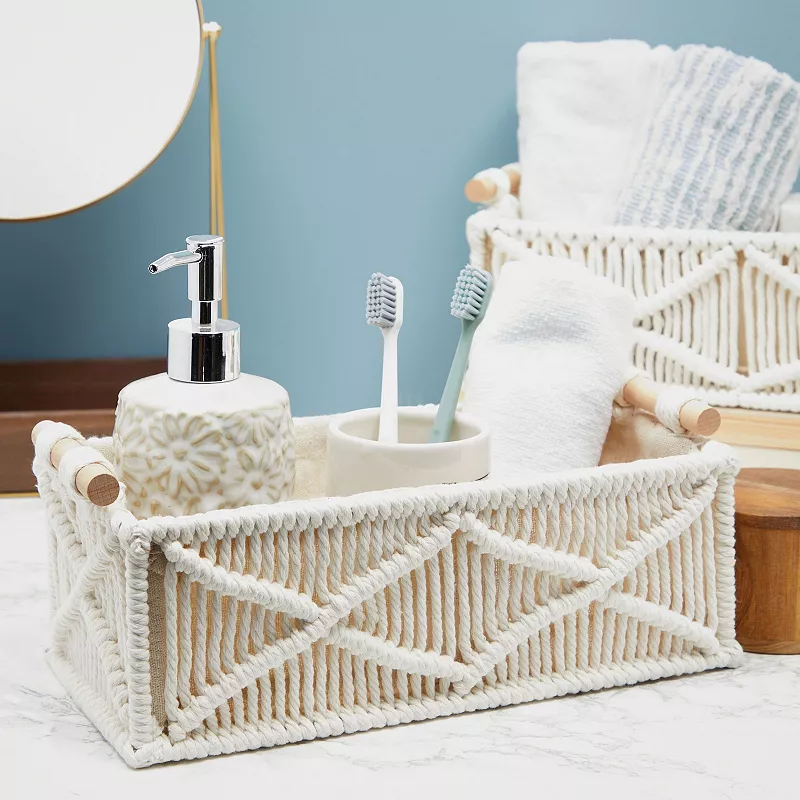 Macrame Basket Storage for Bohemian Style Home Decor and Nursery (2 Sizes， White， 2 Pack)