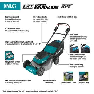 Makita 21 in. 18-Volt X2 (36-Volt) LXT Lithium-Ion Cordless Walk Behind Push Lawn Mower Kit with 4 Batteries (5.0 Ah) XML07PT1