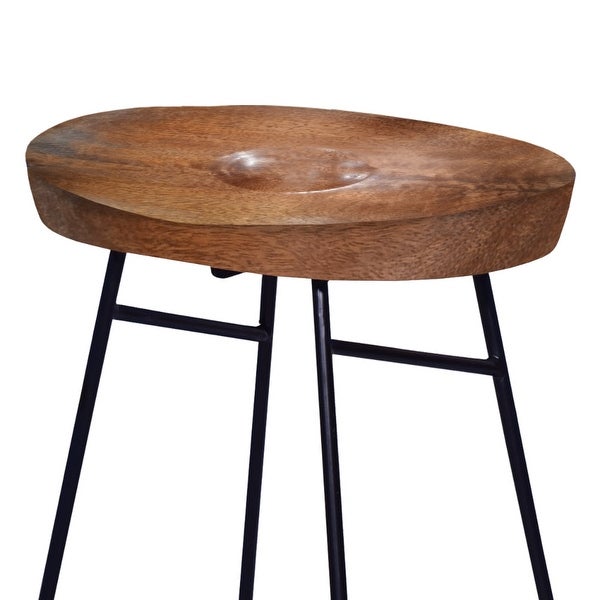 26 Inch Industrial Counter Height Stool， Contoured Mango Wood Seat， Iron， Cafe Brown， Black - Multi