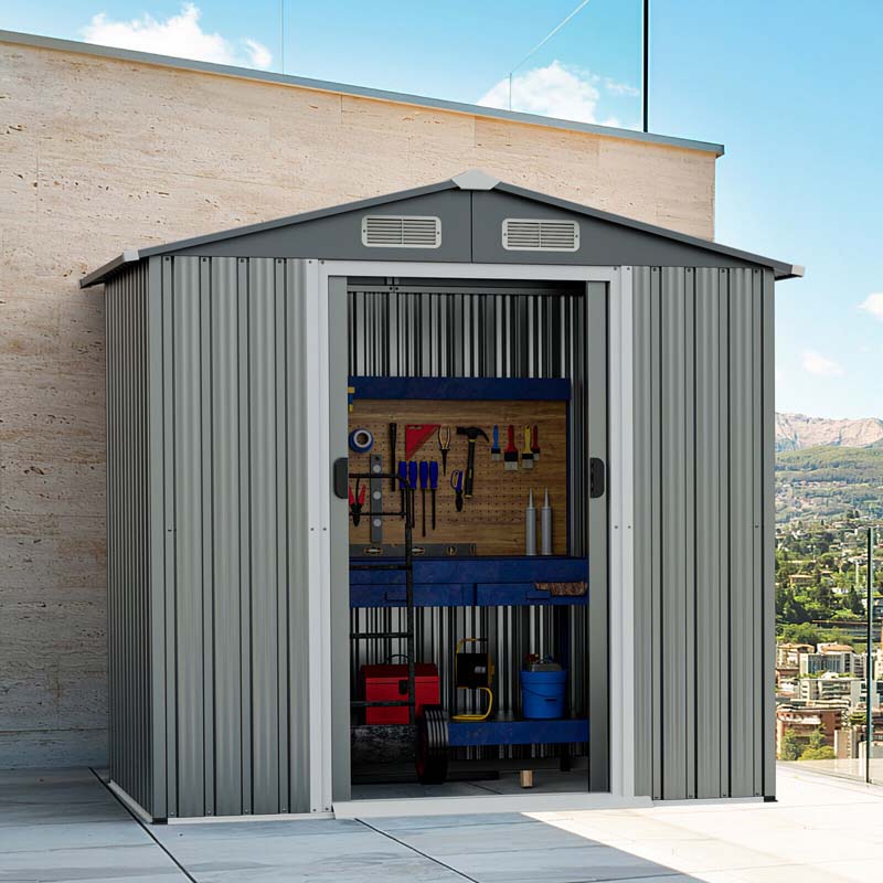 6 x 4 FT Outdoor Metal Storage Shed with Lockable Sliding Doors & 4 Air Vents, Waterproof Garden Tool Storage Room