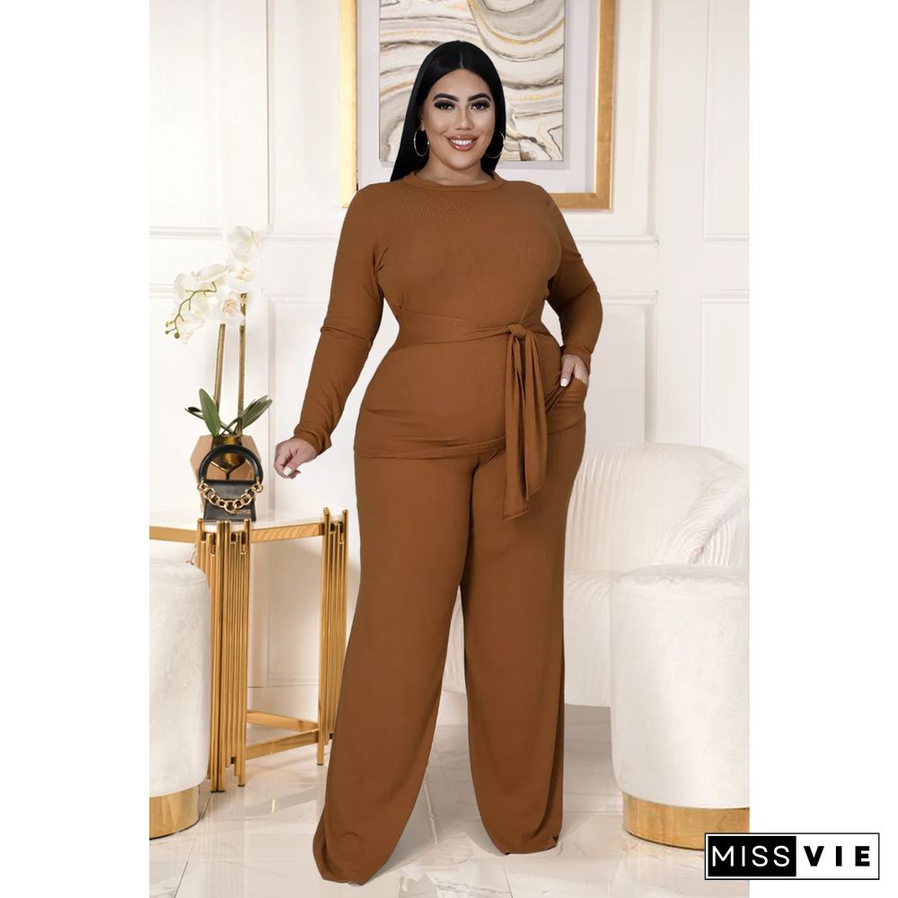 Knitted Bandage T Shirt Wide Leg Pants Plus Size Set