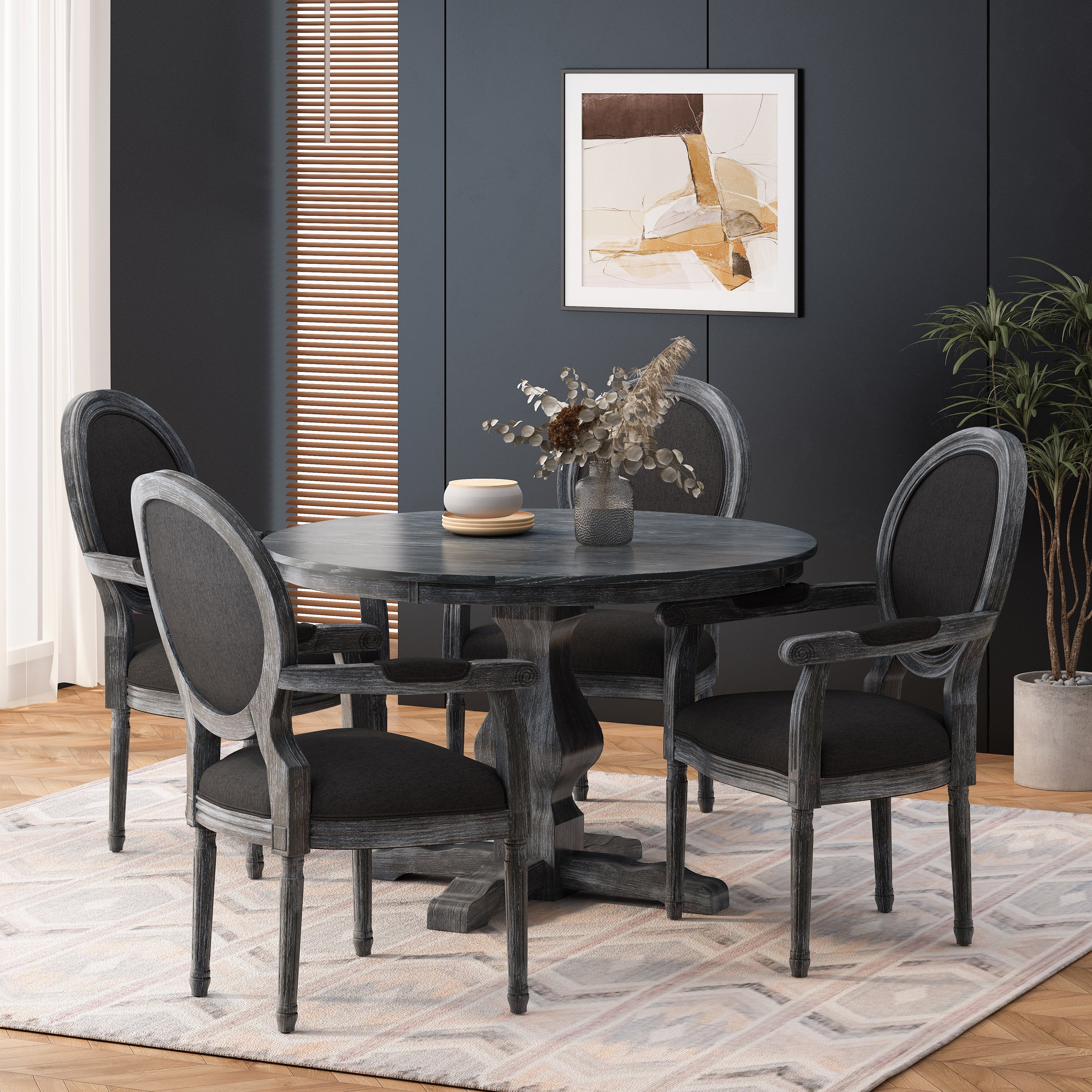 Bryan French Country Fabric Upholstered Wood 5 Piece Circular Dining Set