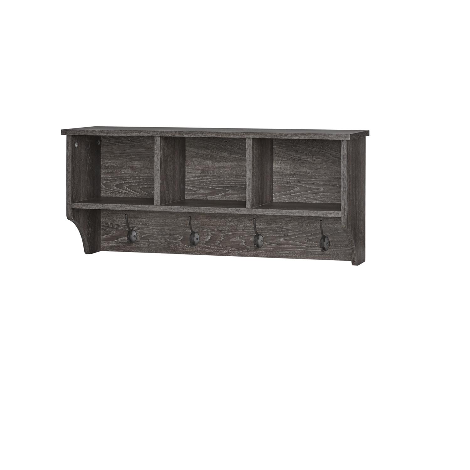 RiverRidge Home Woodbury Collection Wall Shelf with 3 Cubbies and 4 Double Hooks in Dark Weathered Woodgrain  Crowdfused