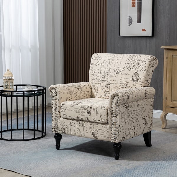 Floral Pattern Mid-Century Modern Accent Chair， Linen Armchair